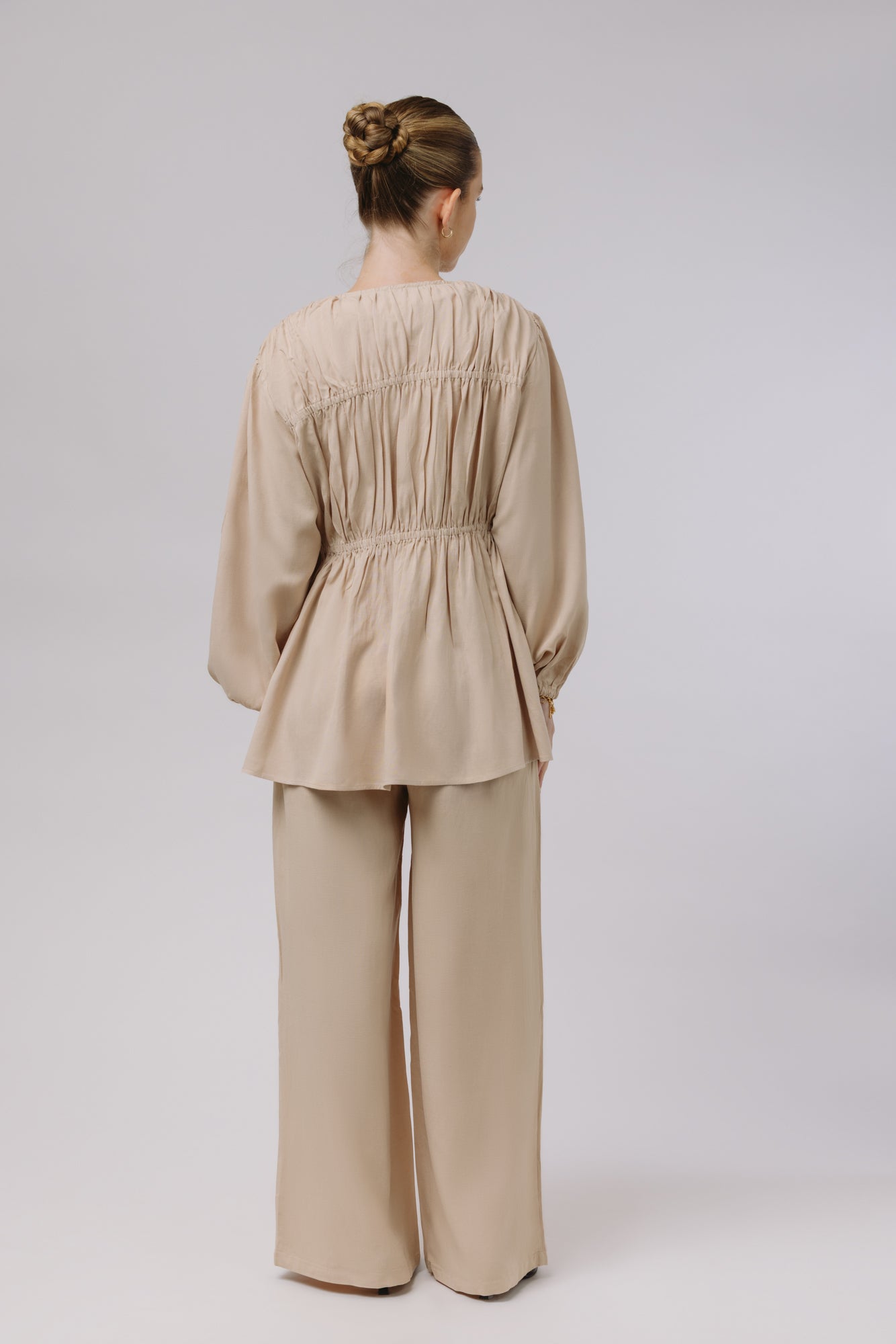 Safiya — Rouched Tie Waist Linen Set (Beige)