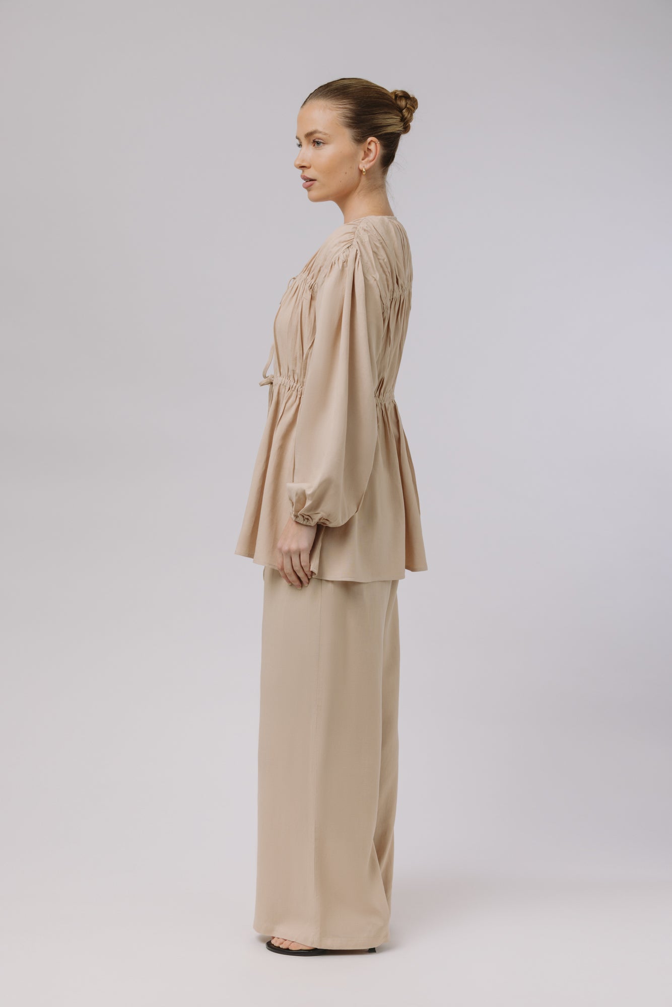 Safiya — Rouched Tie Waist Linen Set (Beige)