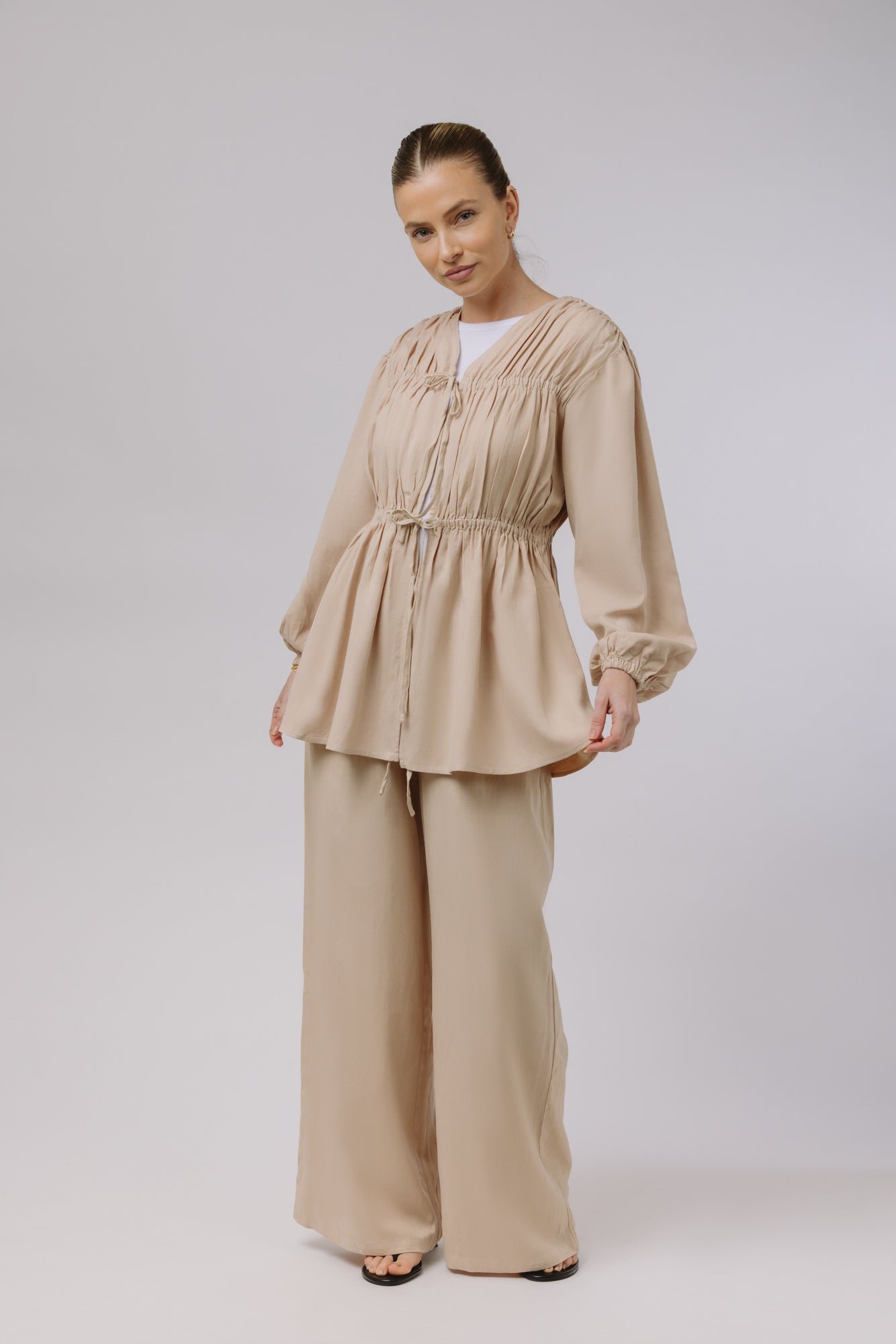 Safiya — Rouched Tie Waist Linen Set (Beige)