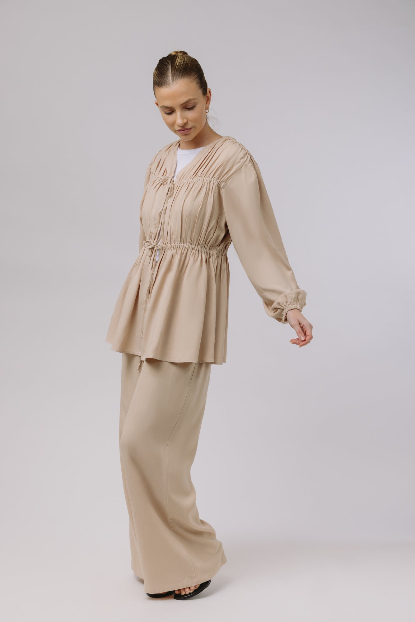 Safiya — Rouched Tie Waist Linen Set (Beige)