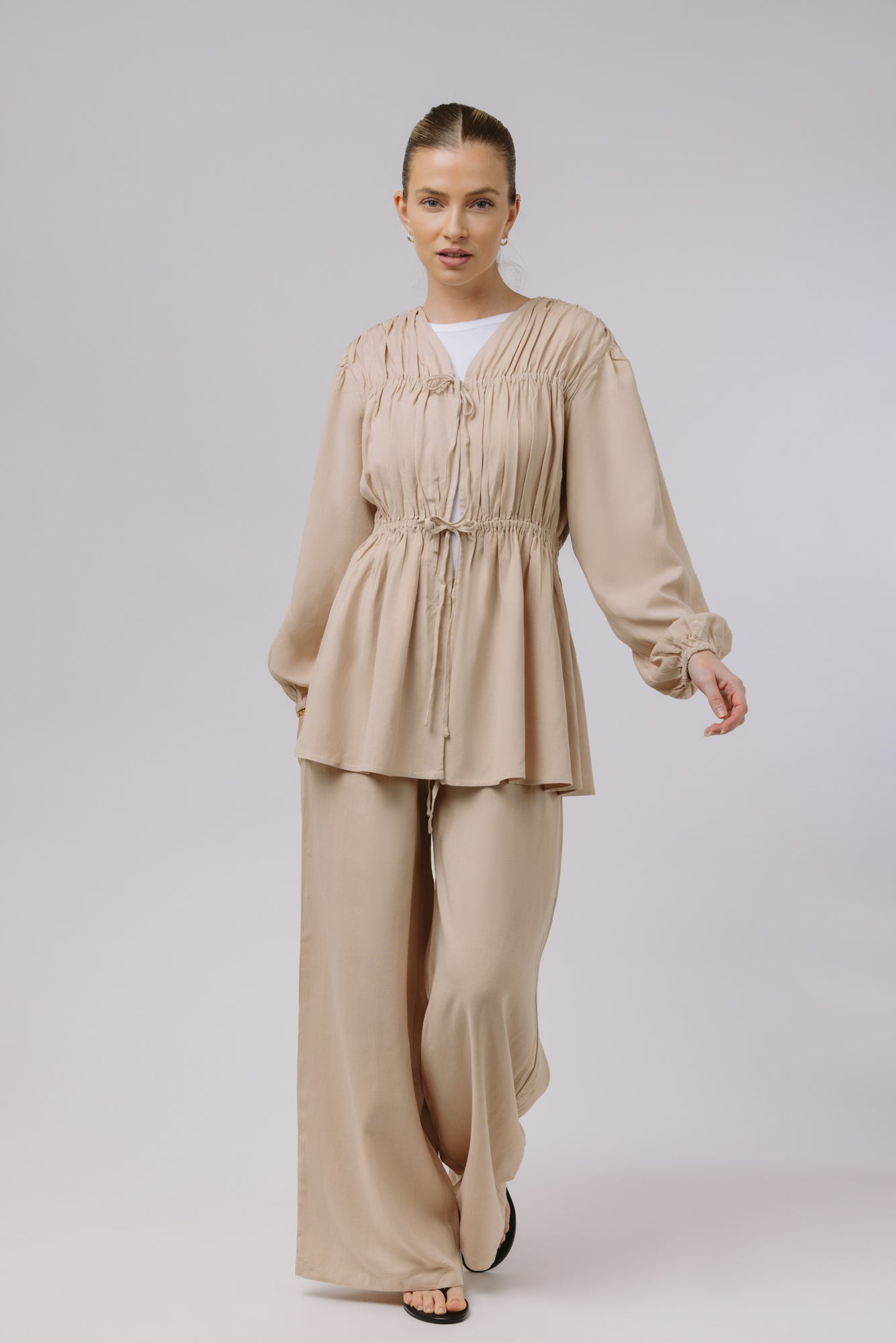 Safiya — Rouched Tie Waist Linen Set (Beige)