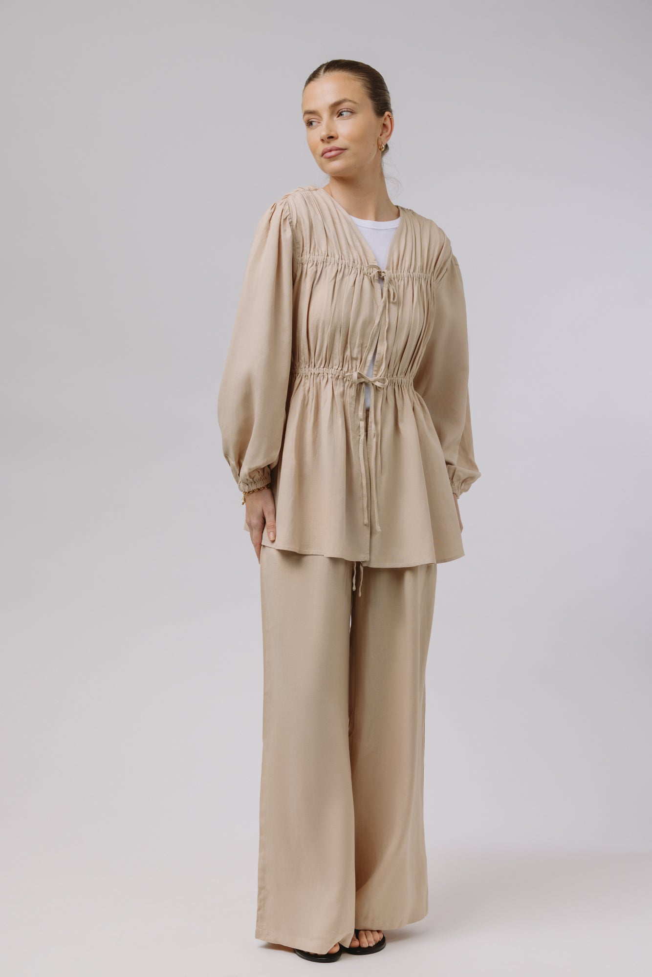 Safiya — Rouched Tie Waist Linen Set (Beige)