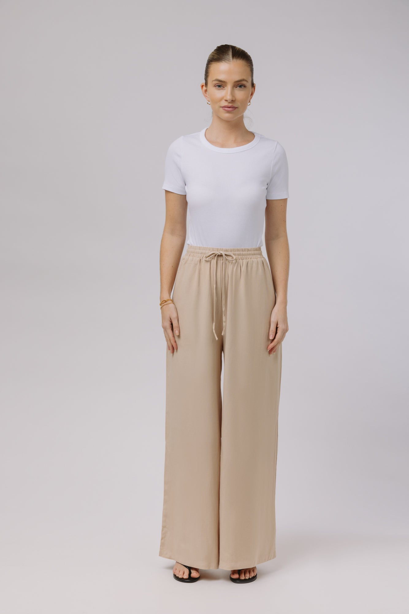 Safiya — Rouched Tie Waist Linen Set (Beige)