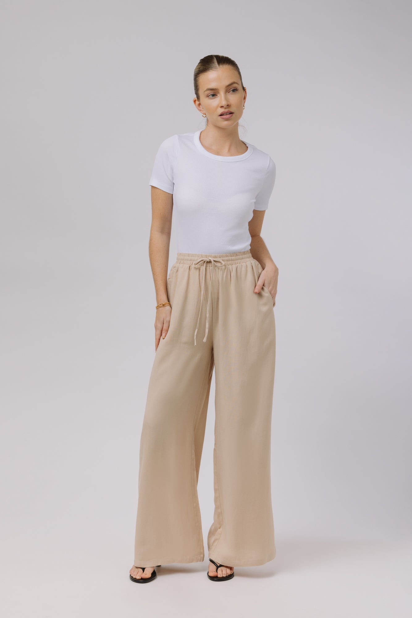 Safiya — Rouched Tie Waist Linen Set (Beige)