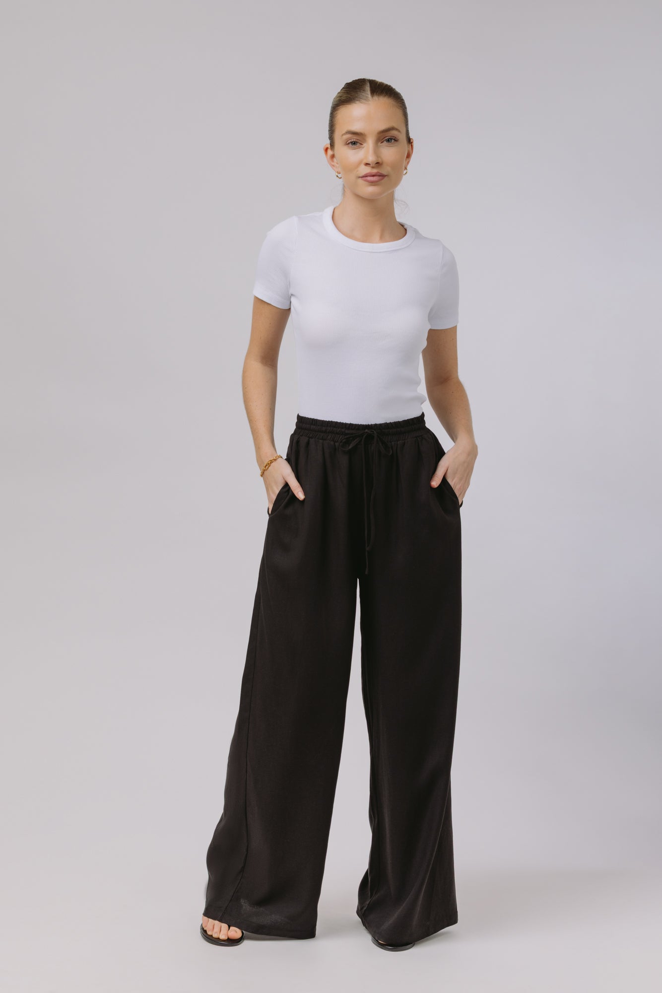 Safiya — Rouched Tie Waist Linen Set (Black)