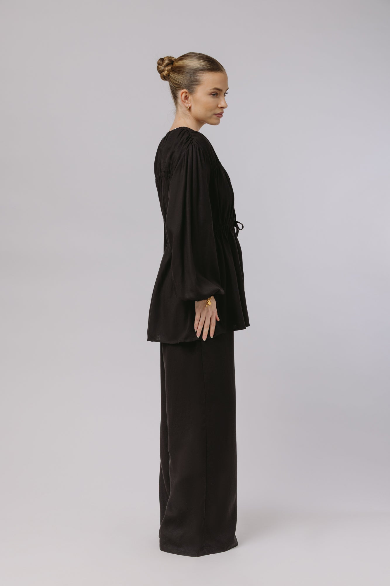 Safiya — Rouched Tie Waist Linen Set (Black)