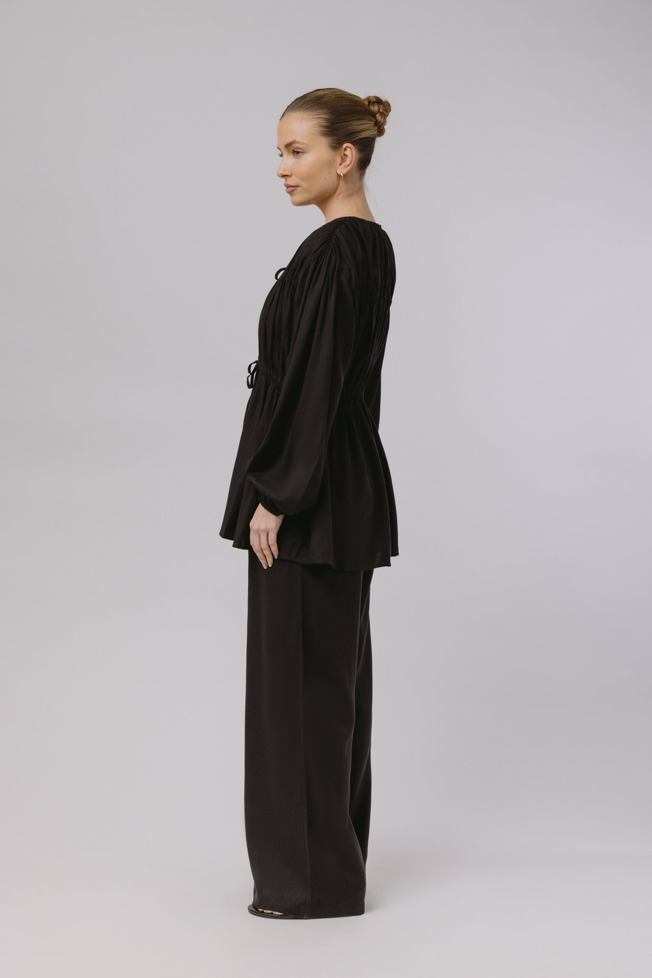 Safiya — Rouched Tie Waist Linen Set (Black)