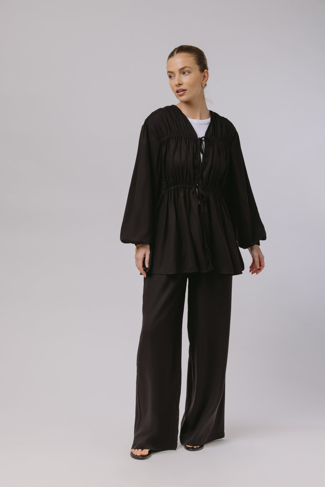 Safiya — Rouched Tie Waist Linen Set (Black)