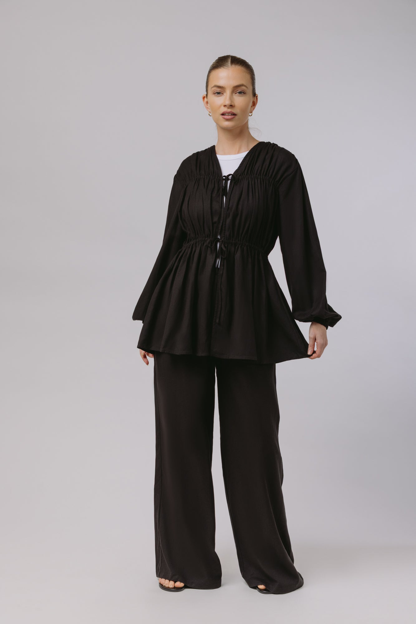 Safiya — Rouched Tie Waist Linen Set (Black)