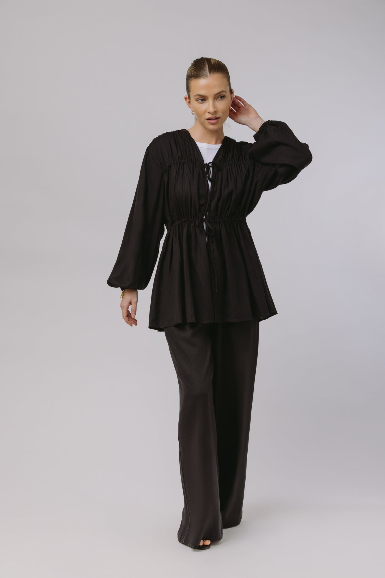 Safiya — Rouched Tie Waist Linen Set (Black)