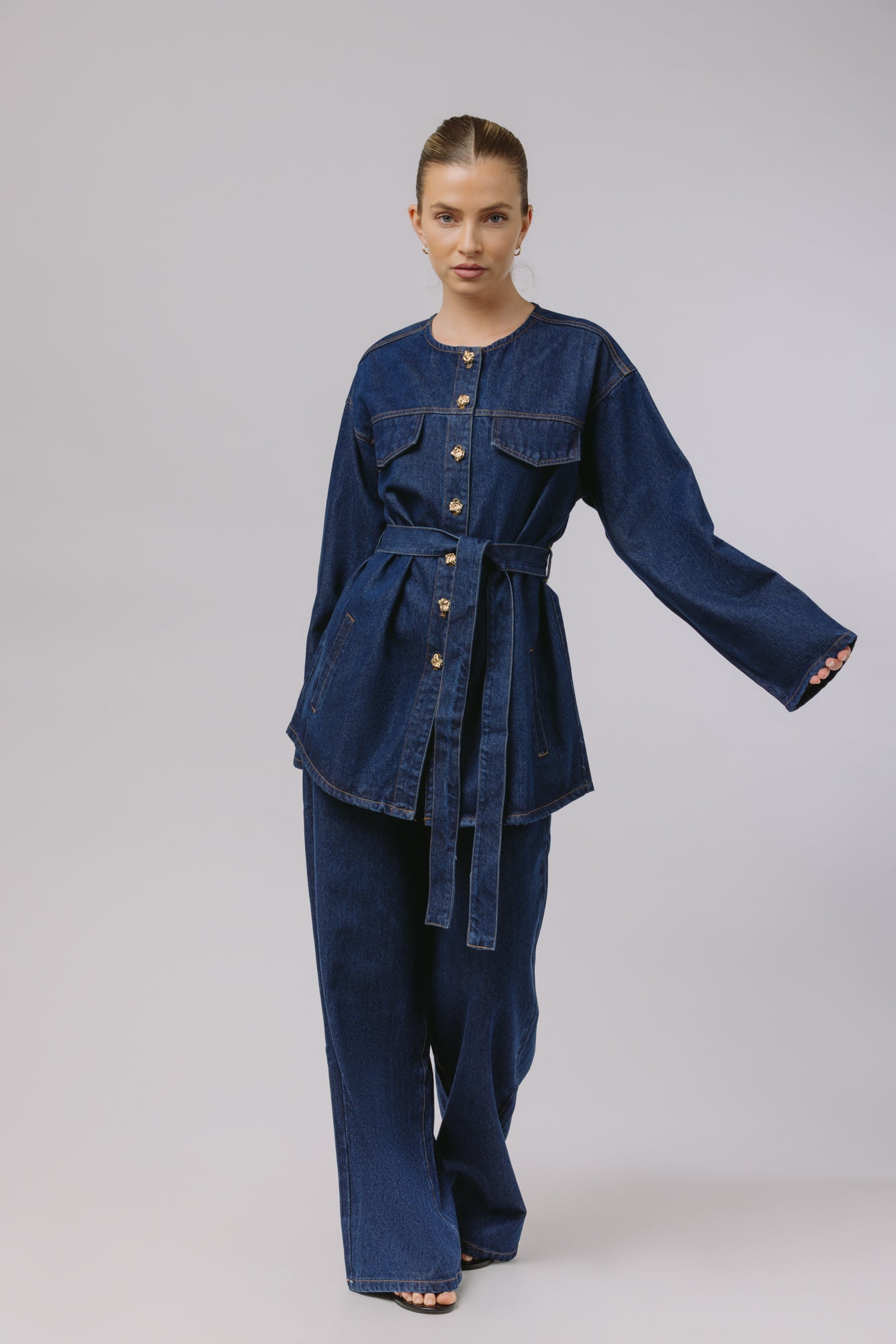 Deniz — Collarless Denim Set