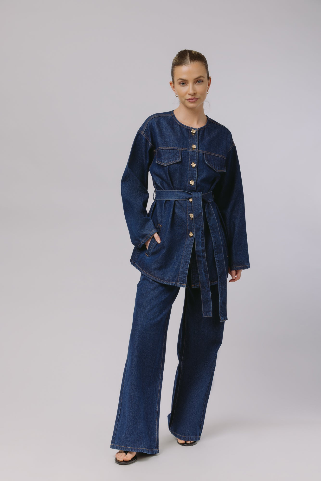 Deniz — Collarless Denim Set
