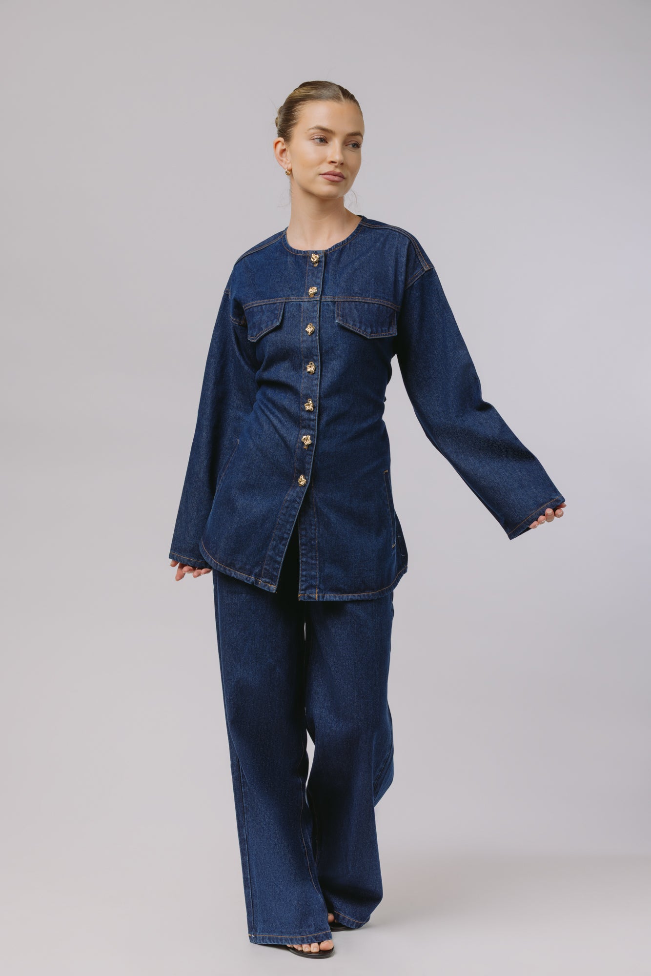 Deniz — Collarless Denim Set