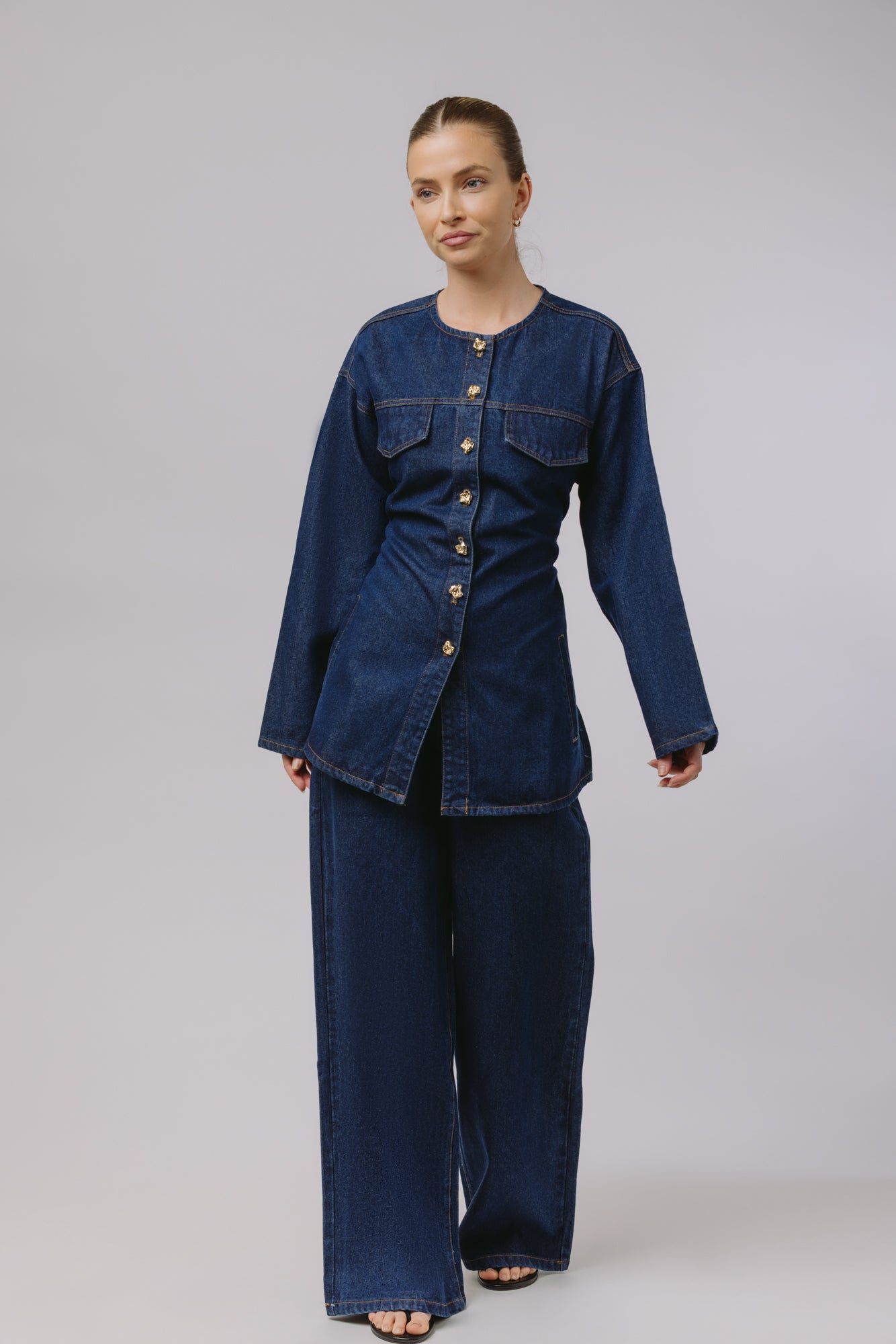 Deniz — Collarless Denim Set