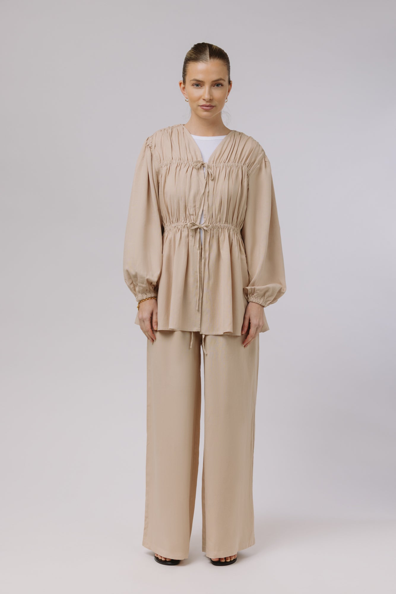 Safiya — Rouched Tie Waist Linen Set (Beige)