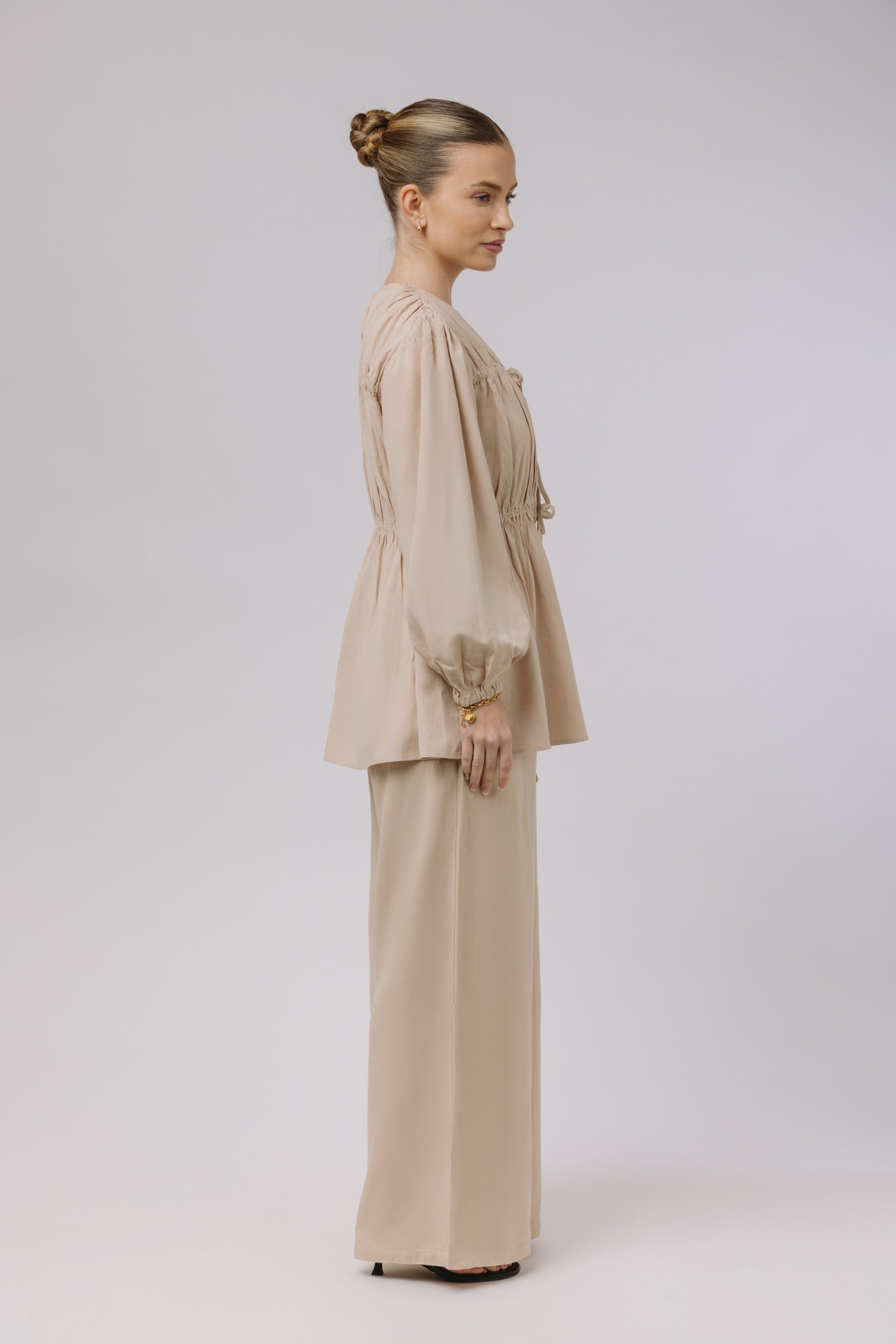 Safiya — Rouched Tie Waist Linen Set (Beige)