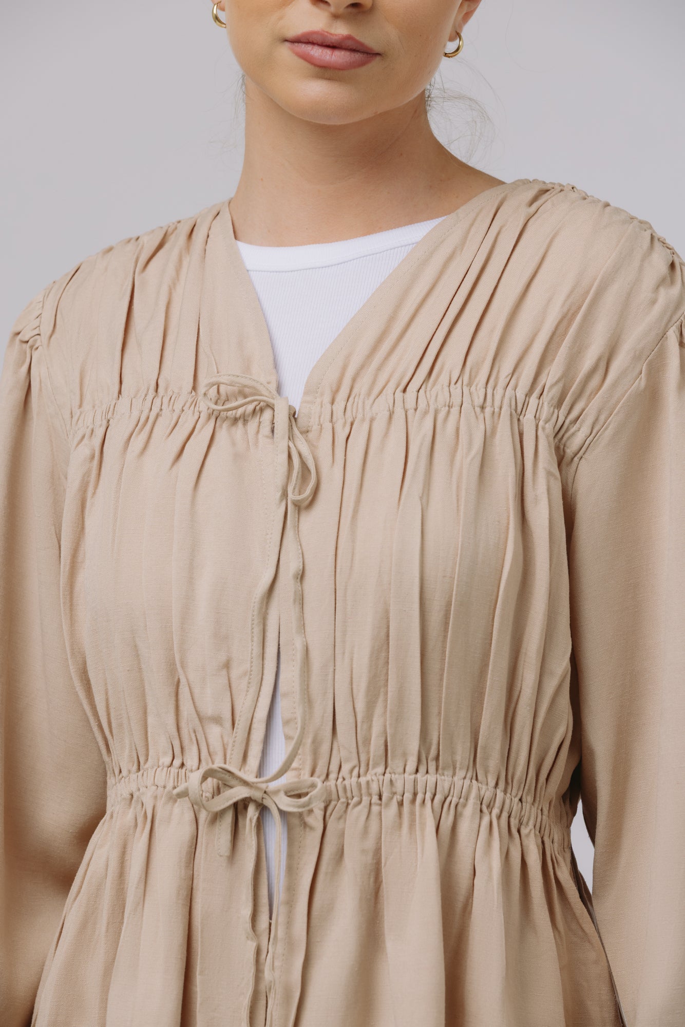 Safiya — Rouched Tie Waist Linen Set (Beige)