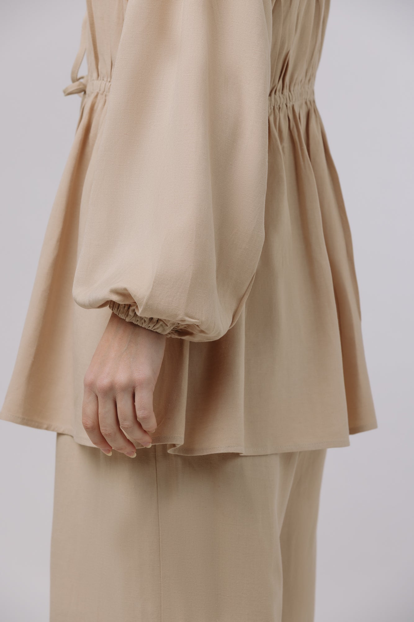 Safiya — Rouched Tie Waist Linen Set (Beige)