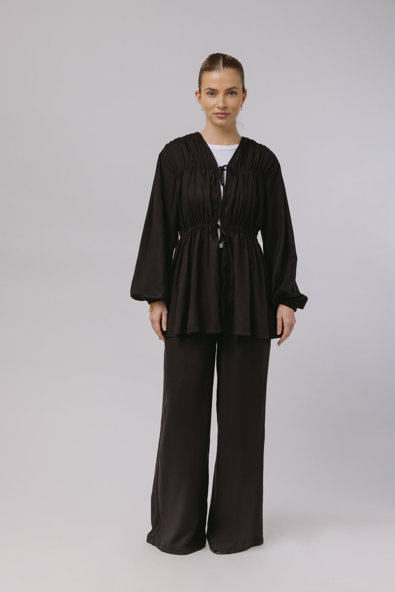 Safiya — Rouched Tie Waist Linen Set (Black)