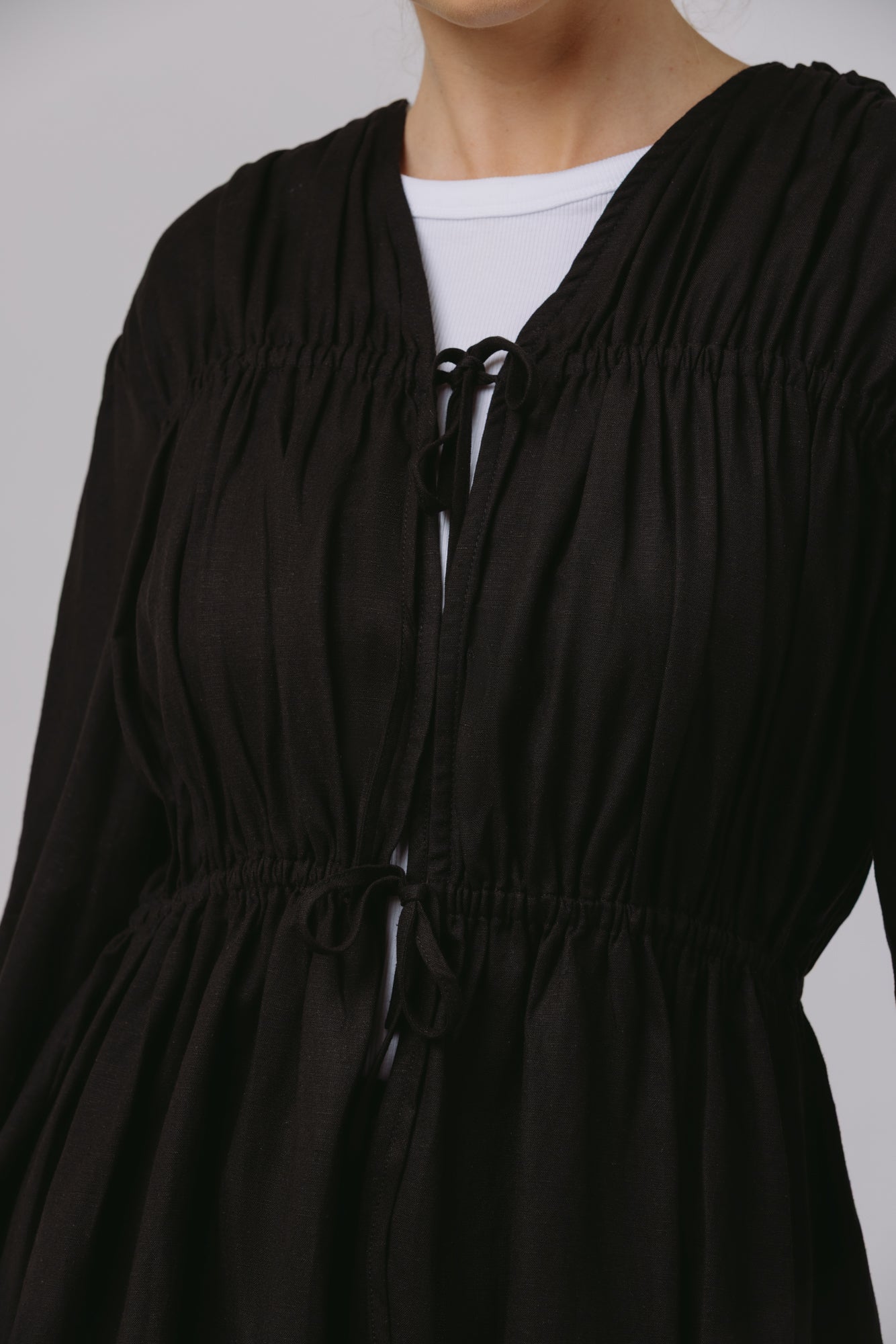 Safiya — Rouched Tie Waist Linen Set (Black)