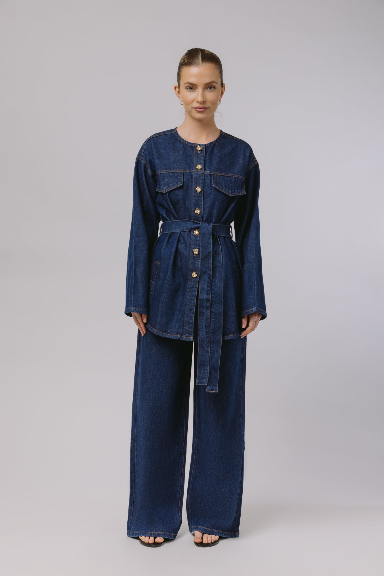 Deniz — Collarless Denim Set