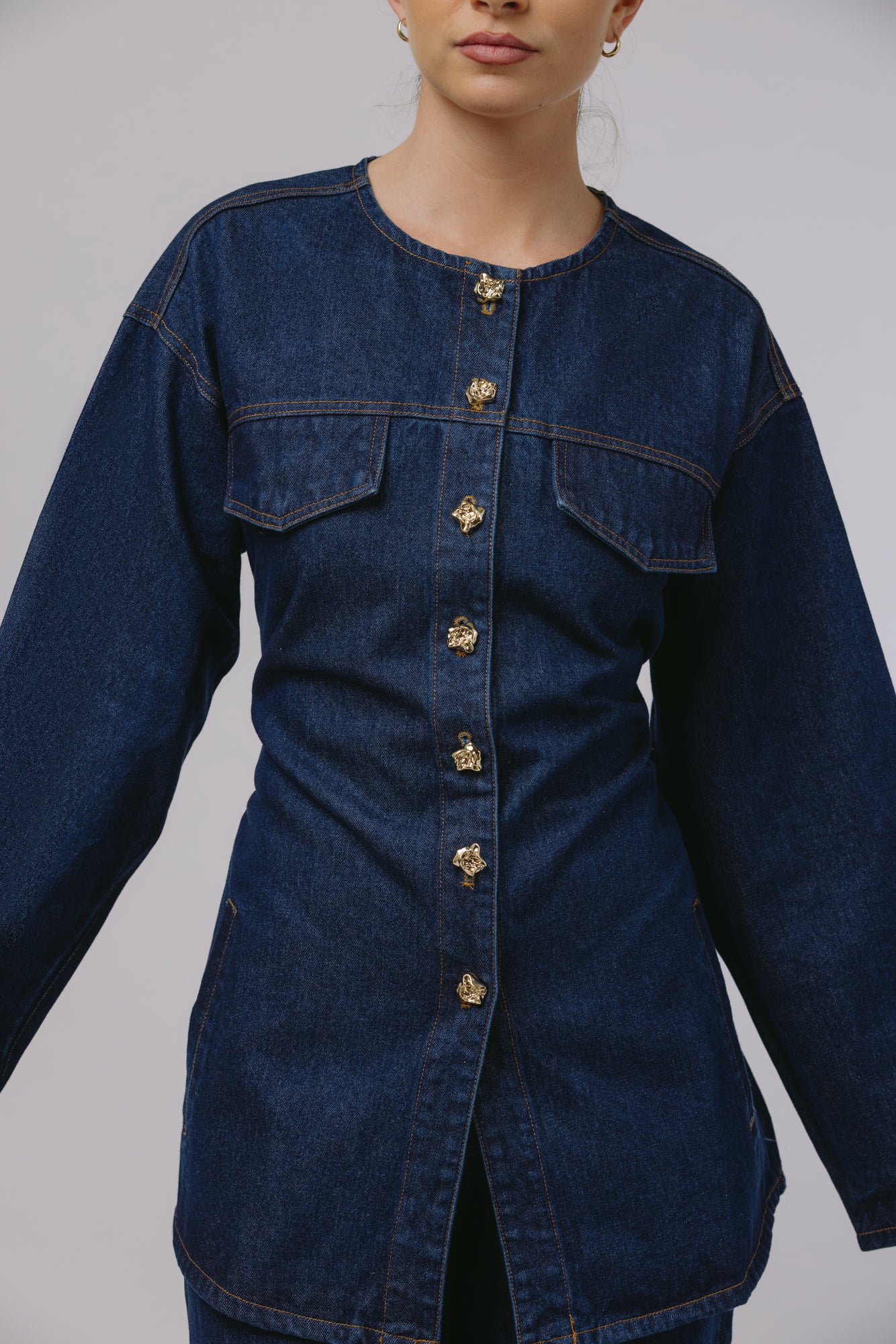 Deniz — Collarless Denim Set
